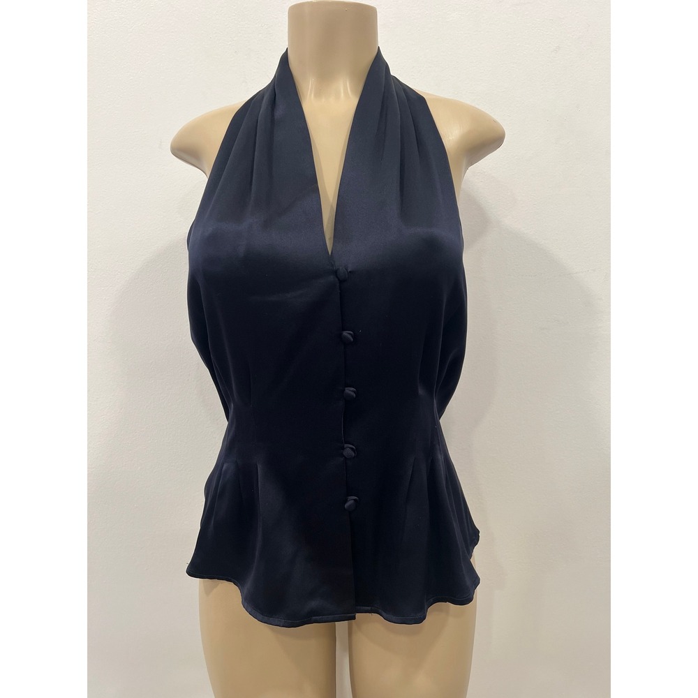 Vintage Finity Halter Blouse 90s 100% Silk Navy Blue Top Summer Chic SZ 12